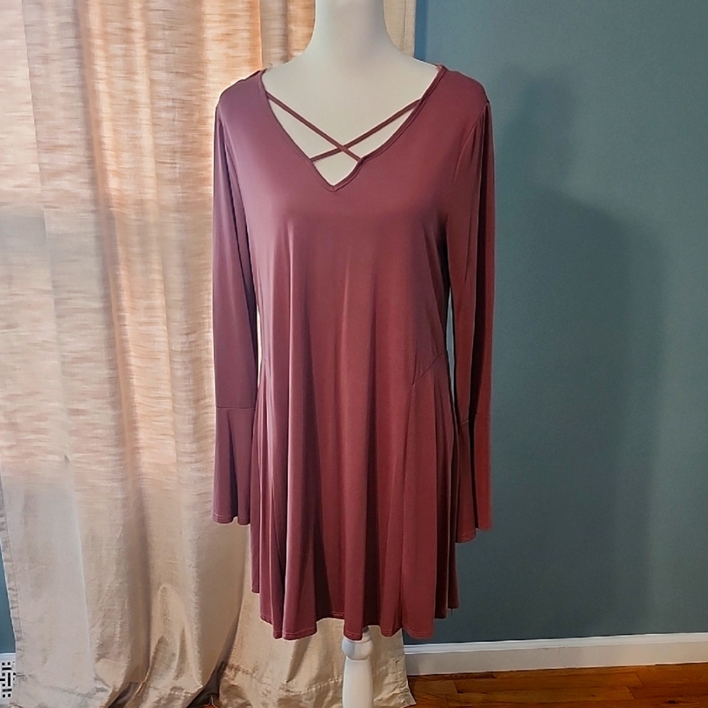 Elegant Mauve Long Bell Sleeve Dress